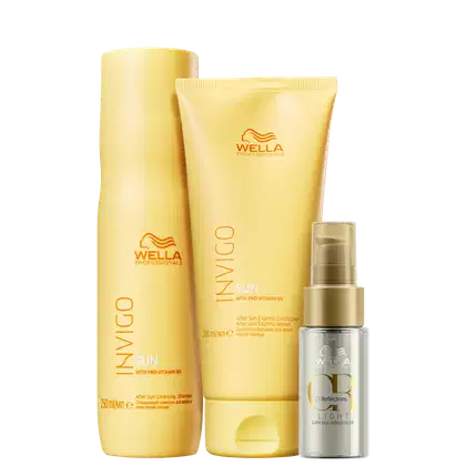 A imagem mostra três produtos da marca Wella Professionals. Shampoo e Condicionador Invigo Sun em embalagens amarelas e detalhes em laranja; e o óleo Oil Reflections Light, em um frasco transparente com detalhes em dourado.