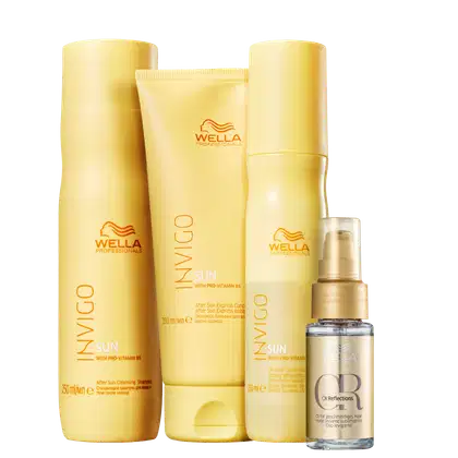 A imagem mostra quatro produtos da marca Wella Professionals. Shampoo, Condicionador e Leave-in Invigo Sun em embalagens amarelas e detalhes em laranja; e o óleo Oil Reflections, em um frasco transparente com detalhes em dourado.