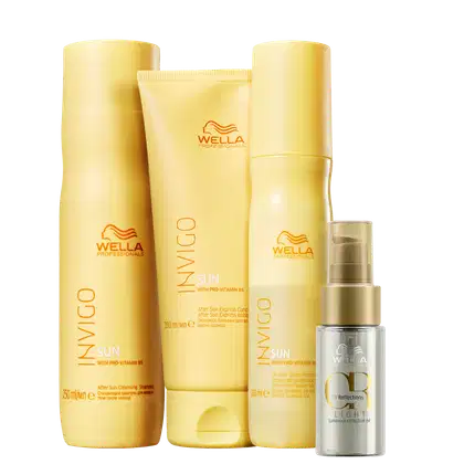 A imagem mostra quatro produtos da marca Wella Professionals. Shampoo, Condicionador e Leave-in Invigo Sun em embalagens amarelas e detalhes em laranja; e o óleo capilar Oil Reflections Light, em um frasco transparente com detalhes em dourado.