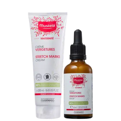 Creme para estrias em embalagem em formato de bisnaga, branca com detalhes em rosa. Sérum em embalagem conta-gotas na cor âmbar com rótulo branco e detalhes rosa.