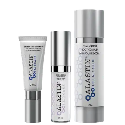 Imagem de dois produtos, em formato cilíndrico e um em bisnaga na cor prateada e com um design que remete à tecnologia médica.