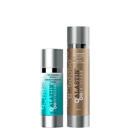 2 produtos em embalagem cilíndrica prateada. A-Luminate com rótulo marrom, HA Immerse com rótulo azul claro.