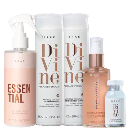 A imagem mostra uma linha de produtos para cabelos da marca Braé. Há um frasco spray Essential, dois frascos de shampoo e condicionador Divine, um óleo capilar Revival e uma ampola capilar Divine.