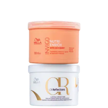 A imagem mostra dois produtos de tratamento capilar da marca Wella Professionals. Um é um frasco plástico arredondado de cor salmão "Nutri-Enrich with Goji Berry". O outro é um pote branco com a inscrição "Oil Reflections Luminous reboost mask".