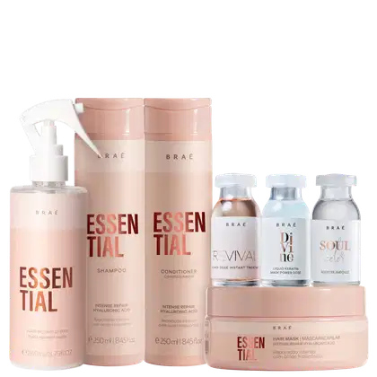 A imagem mostra uma linha de produtos para cabelos da marca Brae. Há um spray, máscara, shampoo e condicionador da linha "Essential". Também há três ampolas de tratamento intensivo em frascos transparentes: "Revival", "Divine" e "Soul Color"