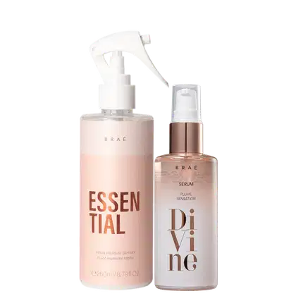 Dois produtos de cuidados capilares da marca Braé. Um é um spray reparador capilar chamado "Essential". O outro é um sérum de tratamento chamado "Divine Plume Sensation", em um frasco com líquido rosado e rótulo branco com texto em letras marrons.