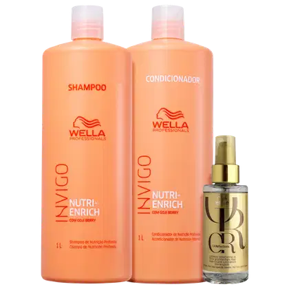 Produtos de cuidados capilares da marca Wella Professionals. Dois são frascos grandes de 1 litro, um de shampoo e outro de condicionador, ambos da linha Nutri-Enrich. O terceiro produto é um frasco menor de óleo de brilho da linha Oil Reflections, com em