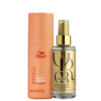 A imagem mostra dois produtos de cuidados capilares da marca Wella Professionals. Um é um bálsamo nutritivo chamado Invigo Nutri-Enrich com Goji Berry. O outro é um óleo alisante luminoso da linha Oil Reflections.