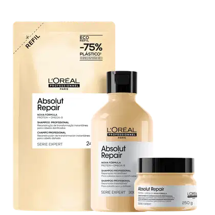 Embalagem de shampoo profissional da marca L'Oreal Professionnel, com fórmula Absolut Repair contendo proteína e ômega-9. Frasco plástico preto com rótulo bege e texto em inglês. Caixa de papelão bege com informações sobre a redução de 75% no plástico.