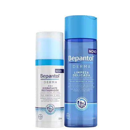 Dois produtos de cuidados com a pele da marca Bepantol Derma. Um é um hidratante restaurador facial noturno para pele sensível e seca de 50ml. O outro é um gel facial diário de limpeza delicada para pele normal a seca, em um frasco de 200ml.