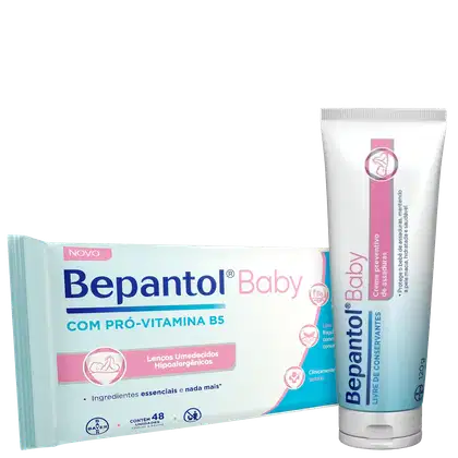 Produtos Bepantol para cuidados com a pele de bebês. Um é uma caixa de lenços umedecidos hipoalergênicos Bepantol Baby com pró-vitamina B5, em tons de rosa e azul. A caixa contém 48 unidades. O outro é um tubo de pomada para assaduras.