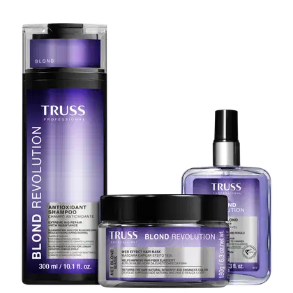 Kit com shampoo, máscara e finalizador Blond Revolution da marca TRUSS.
