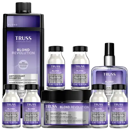 Kit com shampoo, máscara, finalizador e ampolas capilares Blond Revolution, da marca TRUSS.