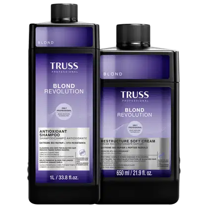 Kit com shampoo e máscara capilar da linha Blond Revolution, da marca TRUSS.