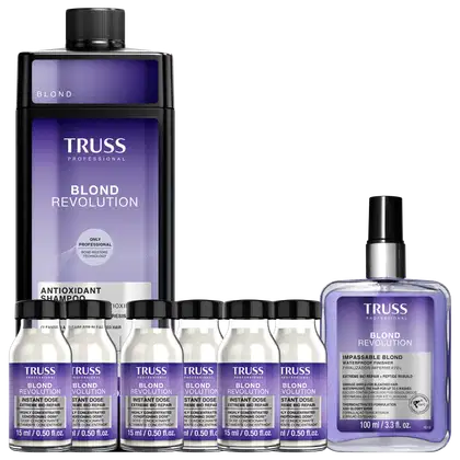 Kit com shampoo, finalizador e ampolas Blond Revolution, da marca TRUSS.