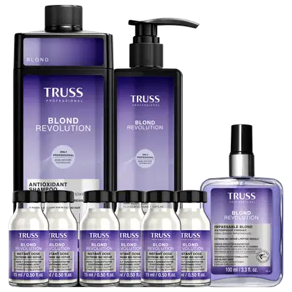 Kit com shampoo, acidificante, finalizador e ampolas Blond Revolution da marca TRUSS.