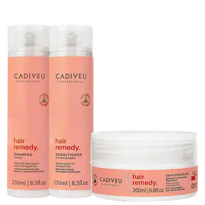 Kit com shampoo, condicionador e máscara Hair Remedy, de Cadiveu Professionals.