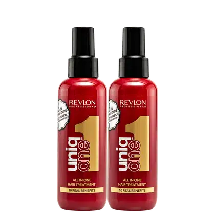 São dois frascos de tratamento capilar all-in-one da linha Uniq One da Revlon Professional. Os frascos têm formato cilíndrico e são feitos de plástico vermelho translúcido com tampas pretas.