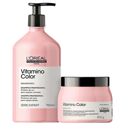 O produto apresentado é um shampoo e uma máscara para cabelos coloridos da linha Vitamino Color da L'Oréal Professionnel.