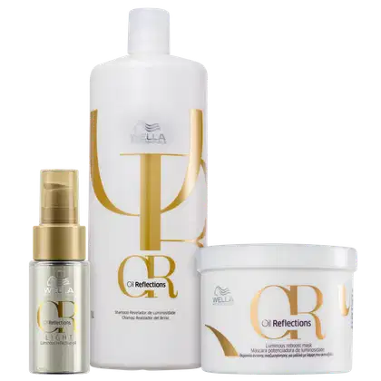 A imagem mostra três produtos da linha Oil Reflections da marca Wella Professionals: shampoo, máscara e óleo capilar.