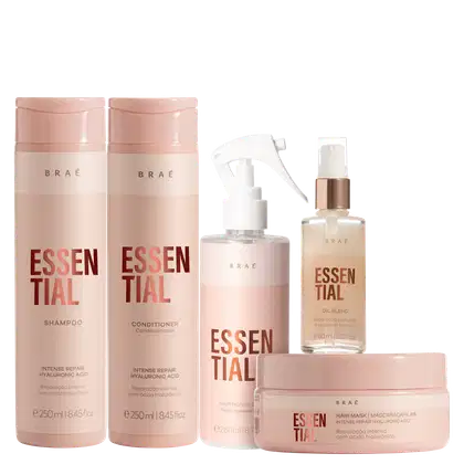 A imagem mostra uma linha de produtos para cabelos da marca Brae chamada "Essential". Todos os produtos têm o nome "Essential" e a descrição "Intense Repair Hyaluronic Acid" em letras marrons.