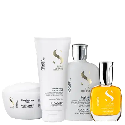 A imagem mostra uma variedade de produtos de beleza da marca Alfaparf Milano. Os produtos apresentam embalagens brancas e douradas com o logotipo da linha "Semi di Lino" destacado.
