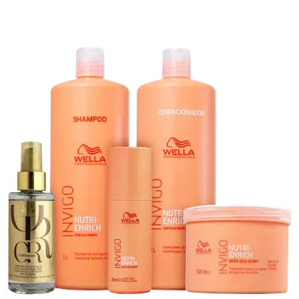 A coleção de produtos de beleza da marca Wella Professionals, incluindo shampoo, condicionador, leave-in e máscara de tratamento, todos com embalagens de plástico laranja e branco. Há também um óleo capilar Oil Reflections.