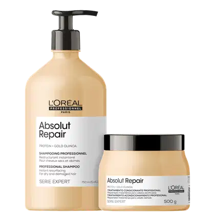 O produto apresentado é uma linha de tratamento capilar da marca L'Oréal Professionnel chamada Absolut Repair. Consiste em um shampoo em uma embalagem de cor bege claro com detalhes em preto, e uma máscara em um pote plástico opaco na mesma tonalidade.