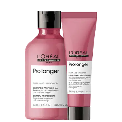 Produtos de cuidados capilares da linha L'Oréal Professionnel Pro Longer. Um frasco plástico rosa de 300ml contendo shampoo. Ao lado, uma embalagem tubular rosa de 150ml com creme de tratamento 10 em 1 da mesma linha.