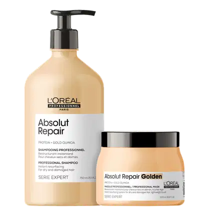 A imagem mostra dois produtos de cuidado capilar da linha Absolut Repair da L'Oréal Professionnel. Um é um shampoo em uma embalagem plástica na cor bege claro. O outro é uma máscara capilar em um pote plástico perolado na mesma cor bege.