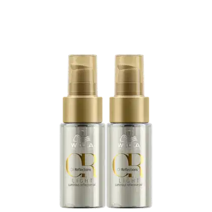 O produto apresentado na imagem são dois frascos de óleo reflexivo luminoso da linha Reflections Light da Wella Professionals.