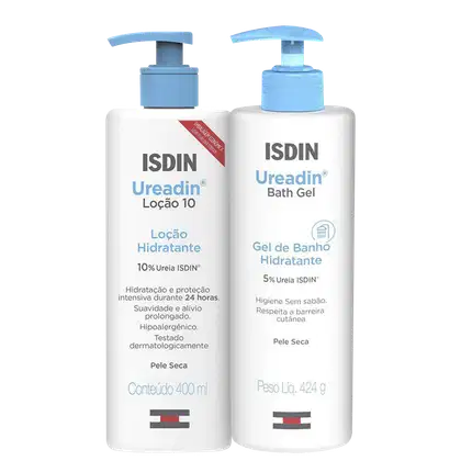 Dois frascos de loção/gel de banho hidratante da marca ISDIN Ureadin. Um frasco maior branco  "Loção 10" contendo 10% de ureia ISDIN, 400ml. Outro frasco menor branco com detalhes em azul claro e rótulo "Bath Gel" contendo 5% de ureia ISDIN, 424g.