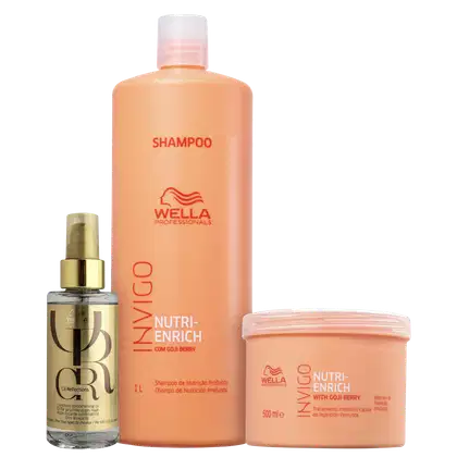 A imagem mostra três produtos de cuidados capilares da linha Wella Professionals Nutri-Enrich. O primeiro é um shampoo de 1 litro. O segundo é um tratamento intensivo de 500ml. O terceiro é um óleo capilar de 100ml.