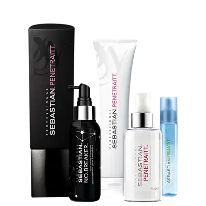 Kit com shampoo, máscara e sérum Penetraitt, além de leave-in No.Breaker e protetor térmico Trilliant, todos da marca Sebastian Professional