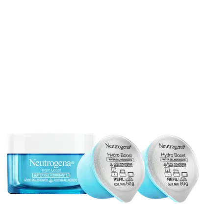A imagem mostra uma embalagem de gel hidratante facial azul com tampa branca ao lado de dois refis, com embalagem azul.