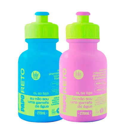 A imagem mostra duas embalagens cilíndricas, uma de shampoo e uma de máscara. A de shampoo é azul com detalhes amarelos e verde e a de condicionador é rosa com detalhes amarelos e verde.