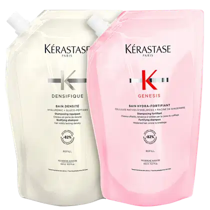 A imagem mostra duas embalagens de refil de shampoo, uma bege e outra rosa, ambas com letras pretas.