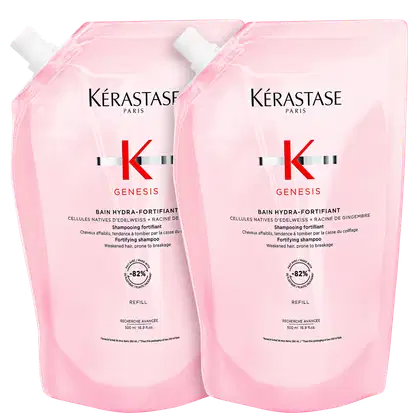 A imagem mostra duas embalagens de refil de shampoo, rosa com letras pretas.