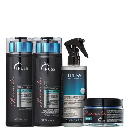 A imagem mostra uma linha de produtos para cabelos da marca Truss. Há dois frascos pretos de shampoo e condicionador de 300ml cada. Um frasco spray de 260ml contém um reconstrutor capilar. Há também uma máscara capilar "Miracle Mask".