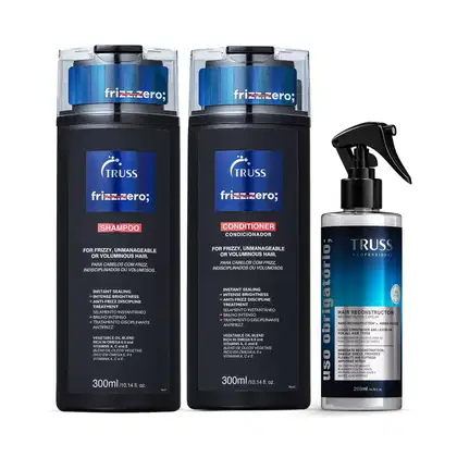 A imagem mostra shampoo e condicionador TRUSS Frizz Zero 300ml cada e spray Uso Obrigatório 260ml