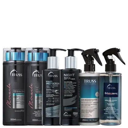A imagem mostra uma variedade de produtos para cabelos da marca TRUSS. Há itens da linha Miracle, Uso Obrigatório, Frizz Zero, Hair Protector e Night SPA.