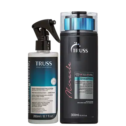 Produtos de tratamento capilar TRUSS. Um frasco plástico preto com bomba dosadora  identificado como "Hair Reconstructor". Ao lado, um frasco cilíndrico preto contendo um shampoo, rotulado "Miracle".