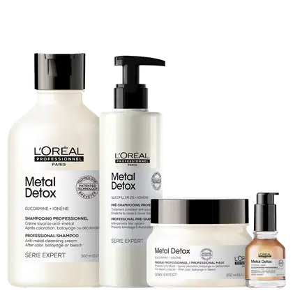 Kit com pré-shampoo, shampoo, máscara capilar e óleo capilar Metal Detox, da marca L'Oréal Professionel