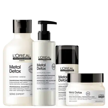 Kit com pré-shampoo, shampoo, máscara capilar e leave-in capilar Metal Detox, da marca L'Oréal Professionel