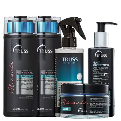 A imagem mostra uma variedade de produtos de cuidados capilares da marca TRUSS.