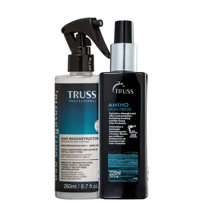 Dois produtos para cabelo da marca TRUSS. Um é um reconstrutor capilar líquido em um frasco plástico transparente. O outro é um produto lipo-nutriente em um frasco preto com detalhes em prata, com capacidade de 225ml.