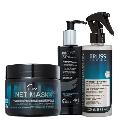 A imagem mostra produtos de cuidados capilares da marca TRUSS. Um Uso Obrigatório, uma máscara NET Mask e um Sérum Noturno Night SPA.