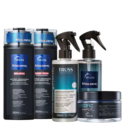 A imagem mostra uma linha de produtos para cabelos frizzy e volumosos da marca TRUSS. Há itens da linha Frizz Zero, Uso Obrigatório e Specific Mask.