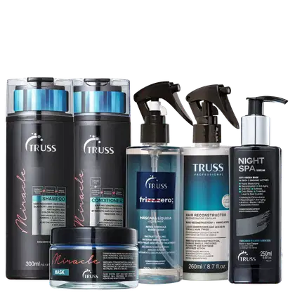 A imagem mostra uma variedade de produtos de cuidados capilares da marca TRUSS, com itens das linhas Miracle, Uso Obrigatório e Night Spa.