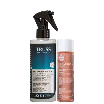 A imagem mostra dois produtos de cuidados capilares da marca Truss Professional. Um é um frasco plástico contendo um líquido de reconstrução capilar de 260ml. O outro é um frasco plástico menor com um óleo de tratamento para pele Bio-Oil.